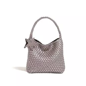 Jinjing Same Style Handmade Woven Bag Small Size Champagne Cowhide Vegetable Basket Underarm Bag Portable Large Capacity Tote Bag Small size Silver + liner bag + star ornaments