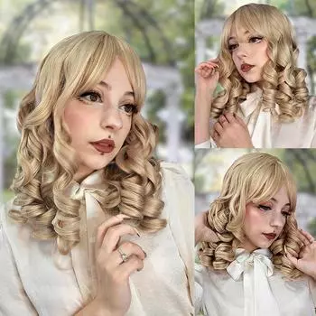 JINKAILI 16 дюймов короткий кудрявый блонд черный красно-коричневый парик Лолита с челкой синтетический парик для косплея, Хэллоуина, вечеринки, свадьбы, парик Рапунцель