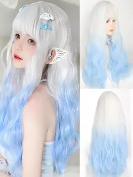 JINKAILI 24 inch Long Body Wave White Ombre Blue Wigs With Bangs Halloween Wigs,Heat resistant wig For Women