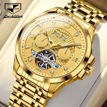 JINSHIDUN Новые деловые и досуговые мужские часы Деловая мода Многофункциональные автоматические механические часы Турбийон Мужские часы Мужские