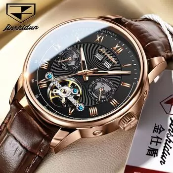JINSHIDUN Новые деловые и развлекательные мужские часы Многофункциональные механические часы Модные полые водонепроницаемые мужские часы