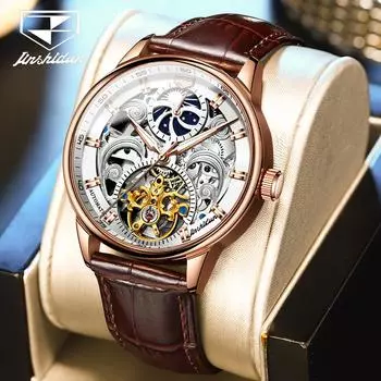 JINSHIDUN Новые мужские часы для бизнеса и отдыха, модные водонепроницаемые светящиеся механические часы с фазой полой луны, элитные мужские часы белый