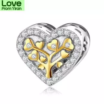 Jiuhao Classic Tree Of Life Heart Charms Silver -Colours With Gold Clear Cz For Original Bracelet Bands Jewelry Diy Gift