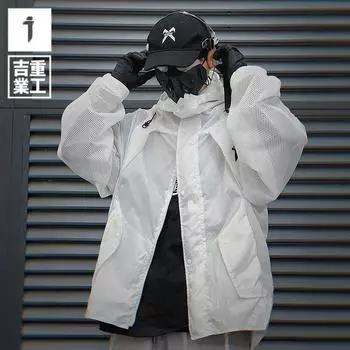 Jiye Heavy Industry новая 3D солнцезащитная одежда с капюшоном для мужчин, сетчатая спортивная одежда для спорта на открытом воздухе, трендовая солнцезащитная одежда L чёрный