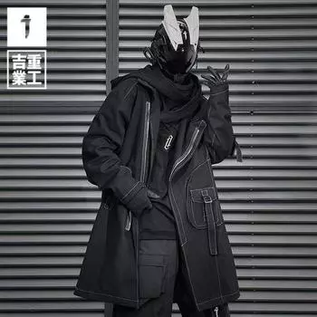 Jiye Heavy Industry, новая китайская ветровка нестандартной формы, мужское пальто средней длины с украшением, модный топ L чёрный