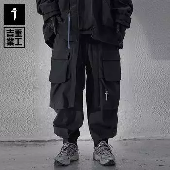 Jiye Heavy Industry Новые леггинсы со сращенными карманами, мужские свободные повседневные черные брюки с несколькими карманами L чёрный