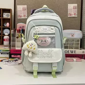 Jk2025 High School Student Popular Schoolbag Large Capacity Women Korean Series Niche Junior High School Student Good-looking Cute Backpack Light green Ribbon Hanging