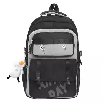Jk2025 New Large Capacity Backpack Student Schoolbag Junior High School Student Burden Reduction Travel Computer Casual Backpack Black, with pendant