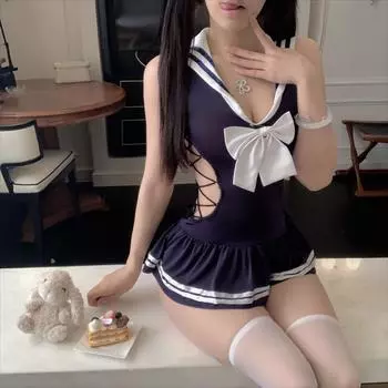 JK Campus Uniform Navy Leadership Dress Bow Tail Side Lace Up Hollow Dress Elegant Sexy Women Sweet Open Shoulder Dresses One Size