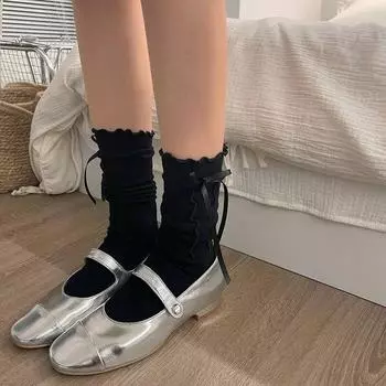 JK, черно-белые длинные носки в японском стиле, чулки, однотонные гольфы с бантом и бантом, милые носки в стиле Лолиты для девочек, каваи, носки с рюшами