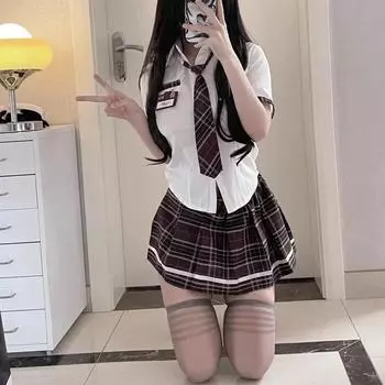 JK Чистое Желание Горячая Девушка Сексуальный Летний Академический Комплект: Обтягивающая талию рубашка и суперкороткая плиссированная юбка M