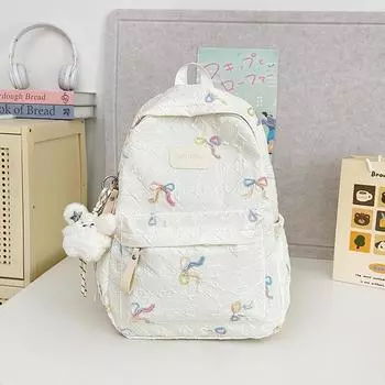 JK Fresh Cute Student Backpack New Cartoon Schoolbag Good-looking Junior High School Versatile Large Capacity Backpack Creamy-white, schoolbag + drawstring Bear doll