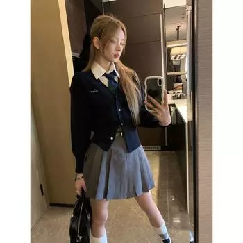 JK Преппи Стиль Вязаная Верхняя Одежда Слим Приталенный Кардиган Dark Blue S