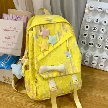 JK Schoolbag Junior High School Student Ins Cute High School Student All-Match Backpack Elementary School Student Simple Fresh Backpack Yellow large + star + bone + pendant