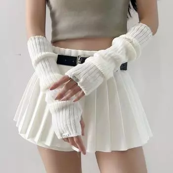 JK Sweet Gyaru Oversleeve Cloth Label Subculture Knitted Wool Arm Sleeve Y2g Millennium Student Half Finger Sleeve Gloves White All yards