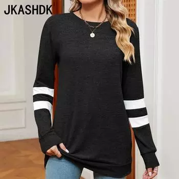 JKAASHDK Женские модные повседневные блузки и рубашки с круглым вырезом с цветным принтом, весна-осень с длинными рукавами S чёрный