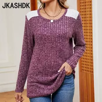 JKAASHDK женские модные повседневные цветные блок-принты осень-зима пуловеры с круглым вырезом и длинными рукавами блузки и рубашки S чёрный