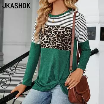 JKAASHDK женские модные повседневные леопардовые полосатые принты весенне-осенние пуловеры с круглым вырезом и длинными рукавами блузки и рубашки S темно-серого