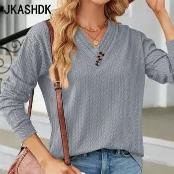 JKAASHDK женские модные повседневные летние весенние однотонные блузки и рубашки с длинными рукавами и v-образным вырезом с принтом S чёрный