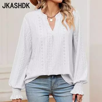 JKAASHDK женские модные повседневные летние весенние однотонные свободные топы с длинными рукавами и v-образным вырезом, блузки и рубашки S белый