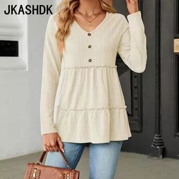 JKAASHDK женские модные повседневные летние весенние однотонные блузки и рубашки с длинными рукавами и v-образным вырезом с принтом S чёрный
