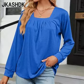 JKAASHDK женские модные повседневные однотонные блузки и рубашки с квадратным воротником и длинными рукавами с принтом, пуловеры S белый
