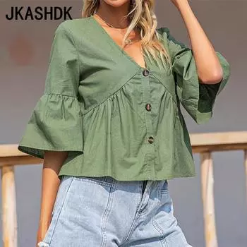 JKAASHDK Женские модные повседневные однотонные блузки и рубашки с v-образным вырезом, весна-лето с короткими рукавами и v-образным вырезом S армия зеленый
