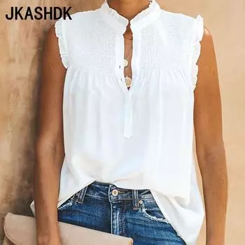 JKAASHDK женские модные повседневные однотонные принты без рукавов весна-лето блузки и рубашки с высоким воротником S белый