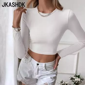 JKAASHDK женские модные повседневные однотонные принты Лето-весна с длинным рукавом с круглым вырезом блузки и рубашки пуловеры S чёрный