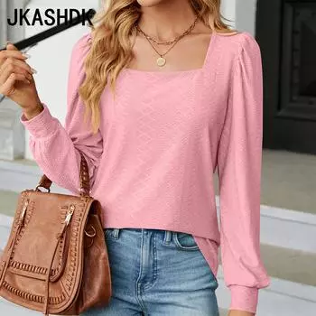 JKAASHDK женские модные повседневные однотонные принты лето весна с длинным рукавом квадратный воротник блузки и рубашки пуловеры S чёрный