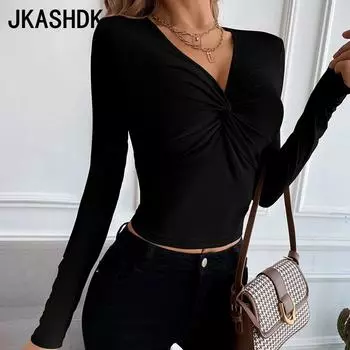 JKAASHDK женские модные повседневные однотонные принты лето весна с длинным рукавом с v-образным вырезом блузки и рубашки пуловеры S чёрный