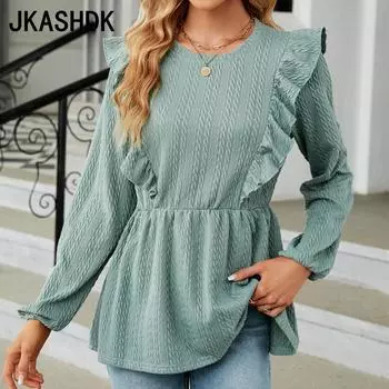 JKAASHDK женские модные повседневные однотонные принты осень-зима с длинным рукавом и круглым вырезом блузки и рубашки S чёрный