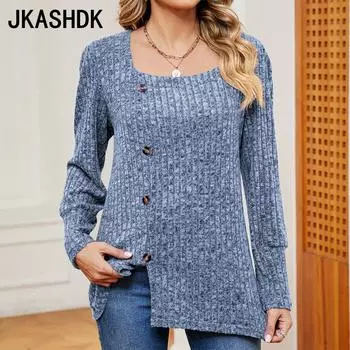 JKAASHDK женские модные повседневные однотонные принты осень-зима свободные пуловеры с квадратным воротником и длинными рукавами блузки и рубашки S чёрный