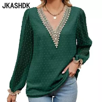 JKAASHDK женские модные повседневные однотонные принты весенне-осенние блузки и рубашки с v-образным вырезом и длинными рукавами, пуловеры