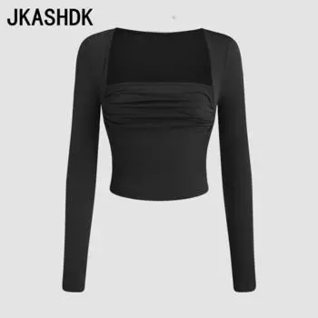 JKAASHDK женские модные повседневные однотонные принты весенне-осенние пуловеры с квадратным воротником и блузки и рубашки с длинными рукавами S чёрный