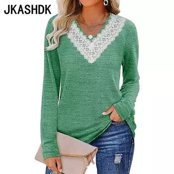 JKAASHDK женские модные повседневные однотонные принты весенне-осенние кружевные блузки и рубашки с длинными рукавами и v-образным вырезом, пуловеры
