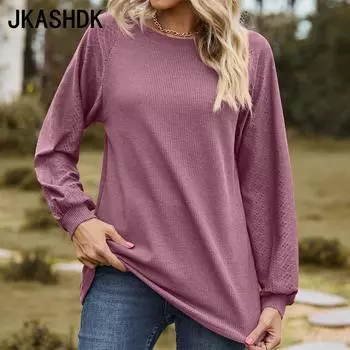 JKAASHDK женские модные повседневные однотонные принты весенне-осенние блузки и рубашки с круглым вырезом с длинными рукавами S чёрный