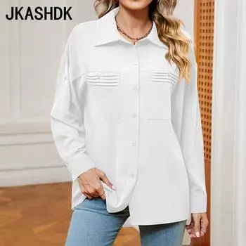 JKAASHDK женские модные повседневные однотонные принты весенне-осенние рубашки-поло с длинными рукавами и воротником блузки и рубашки S белый