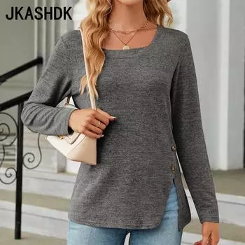 JKAASHDK женские модные повседневные однотонные принты весенне-осенние пуловеры с квадратным воротником и длинными рукавами, блузки и рубашки с длинными рукавами S темно-серого