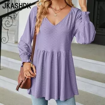 JKAASHDK женские модные повседневные однотонные принты весенне-осенние блузки и рубашки с v-образным вырезом и длинными рукавами, пуловеры S чёрный