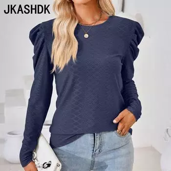 JKAASHDK женские модные повседневные однотонные принты весенне-осенние блузки и рубашки с круглым вырезом с длинными рукавами и пуловеры S чёрный