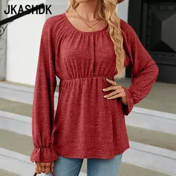 JKAASHDK женские модные повседневные однотонные принты весенне-осенние свободные пуловеры с длинными рукавами и круглым вырезом блузки и рубашки S красный