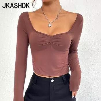 JKAASHDK Женские модные повседневные однотонные пуловеры с круглым вырезом и длинными рукавами на весну и осень S кофейный