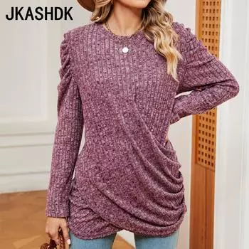 JKAASHDK женские модные повседневные однотонные пуловеры с круглым вырезом и принтом на осень и зиму, блузки и рубашки S чёрный