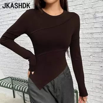 JKAASHDK Женские модные повседневные однотонные пуловеры с круглым вырезом и длинными рукавами, весна-осень с принтом S кофейный