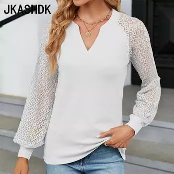 JKAASHDK женские модные повседневные пуловеры с кружевным принтом, лето-весна, пуловеры с v-образным вырезом и длинными рукавами, блузки и рубашки S чёрный