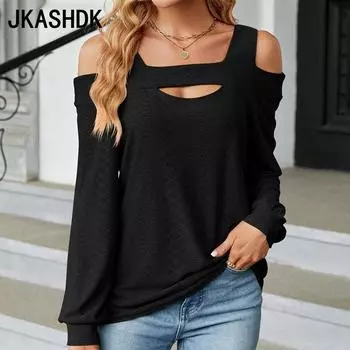 JKAASHDK женские модные повседневные весенне-осенние однотонные блузки и рубашки с длинными рукавами и v-образным вырезом с принтом S чёрный