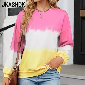 JKAASHDK женские модные повседневные весенне-осенние свободные блузки и рубашки с длинным рукавом и круглым вырезом, пуловеры S жёлтый/розовый