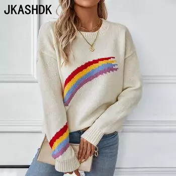 JKASHDK Женская мода Повседневный свитер осень-зима с длинным рукавом и круглым вырезом S абрикосовый