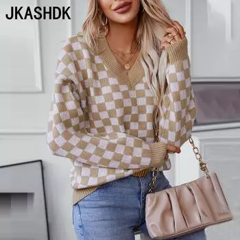 JKASHDK Женская мода повседневная осень-зима клетчатый принт с длинным рукавом и V-образным вырезом свитера S хаки